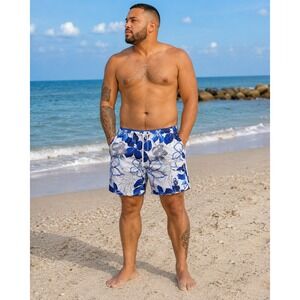 Croft & Barrow Mens Blue‎ White Floral Hibiscus Swim Trunks Cargo Pocket Size M